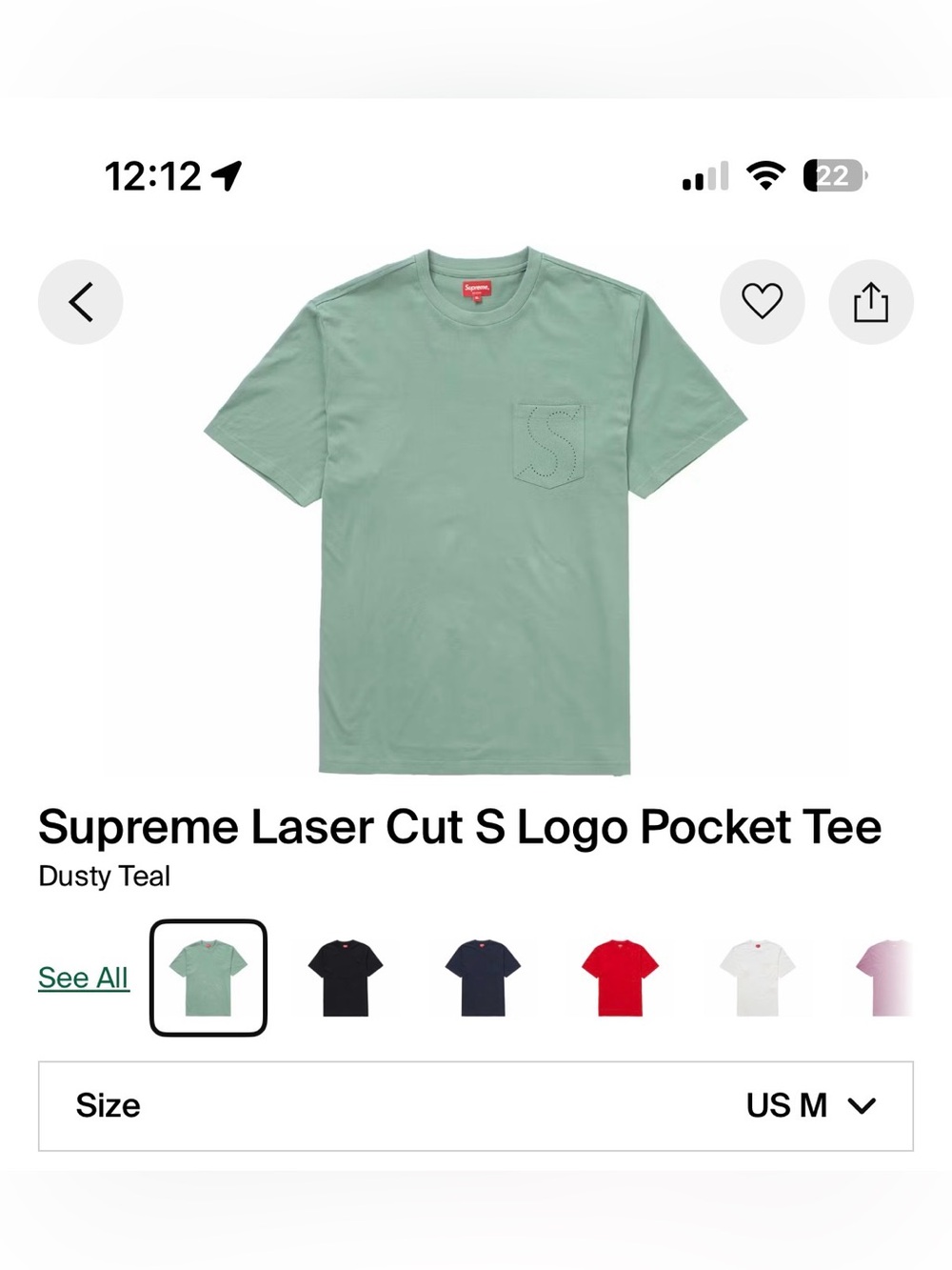 NEW SS21 Supreme Laser Cut S Logo Pocket Tee Dusty Teal (Size M)